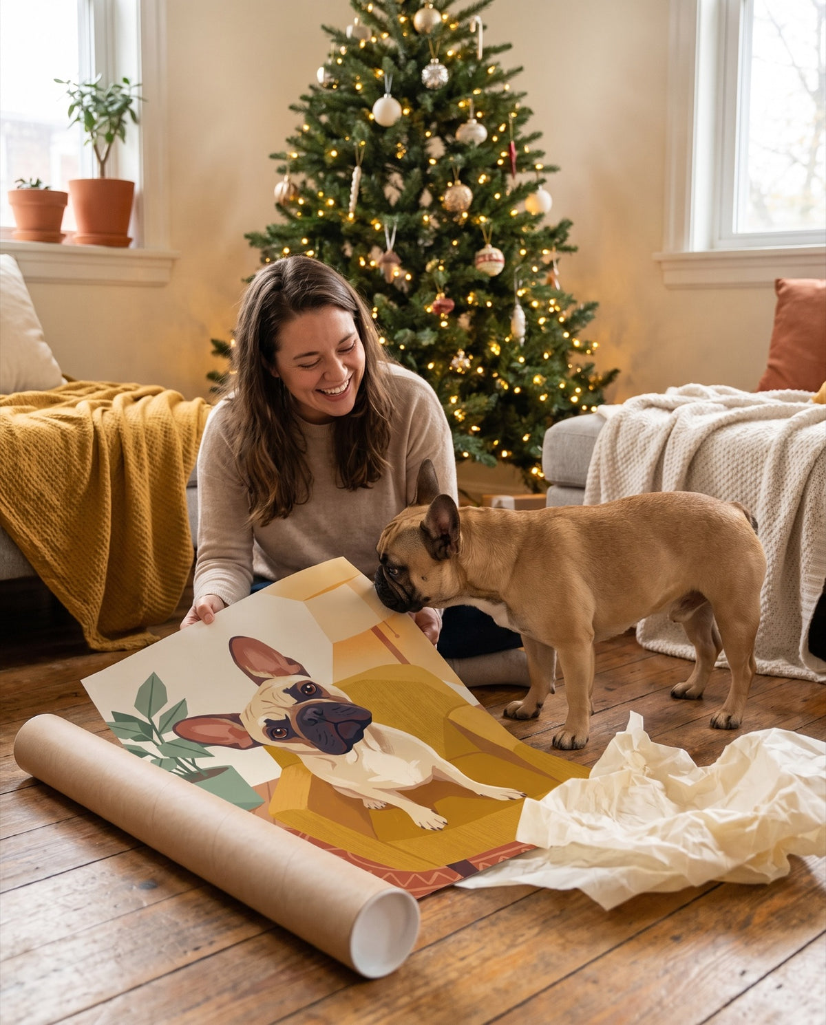 Déballage devant le sapin, le chien renifle son portrait