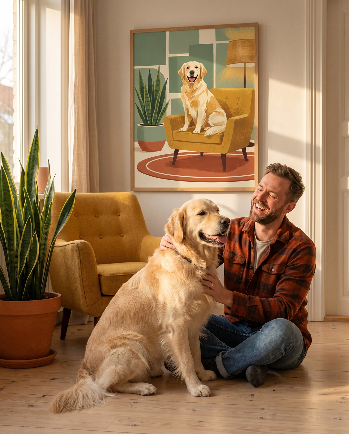 Portrait Cocooning d'un golden retriever dans le salon (cadre non inclus)