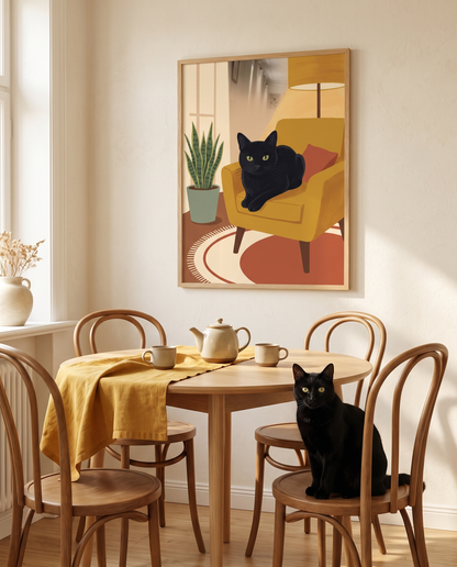 Style Cocooning d'un chat noir dans la cuisine (cadre non inclus)