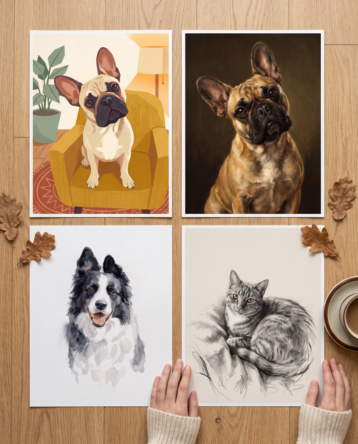 Les 4 styles : Cocooning, Peinture à l'huile, Aquarelle, Fusain