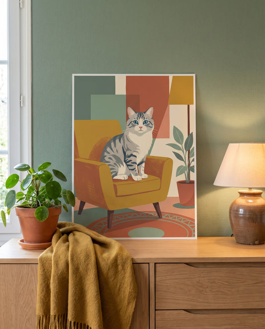 Portrait Cocooning d'un chat tigré, poster posé sur une commode (cadre non inclus)