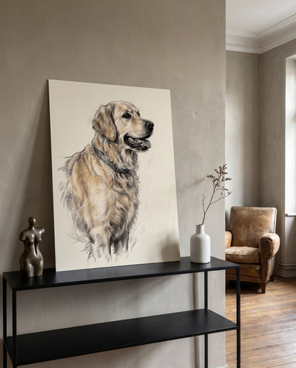Portrait au fusain d'un golden retriever posé sur une console (cadre non inclus)