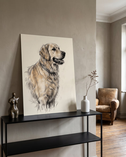 Portrait au fusain d'un golden retriever posé sur une console (cadre non inclus)