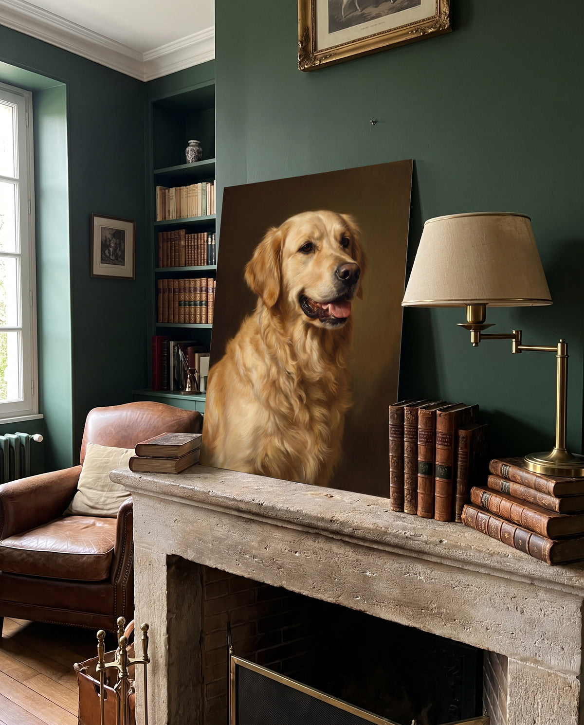 Portrait à l'huile d'un golden retriever posé sur une cheminée (cadre non inclus)