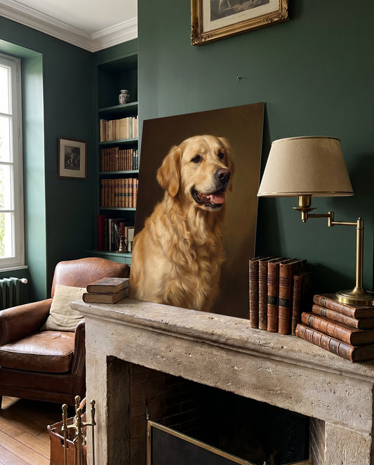 Portrait à l'huile d'un golden retriever posé sur une cheminée (cadre non inclus)