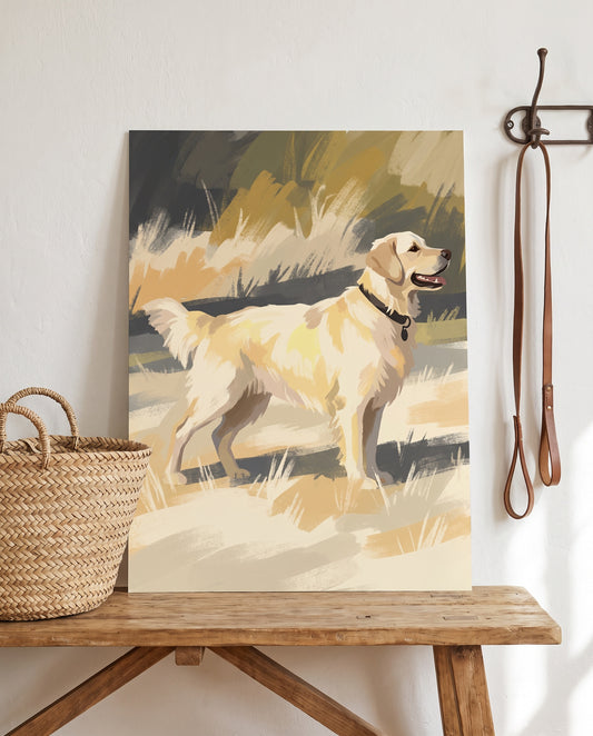 Portrait « Sa photo, en peinture » d'un golden retriever, poster posé sur un banc (cadre non inclus)