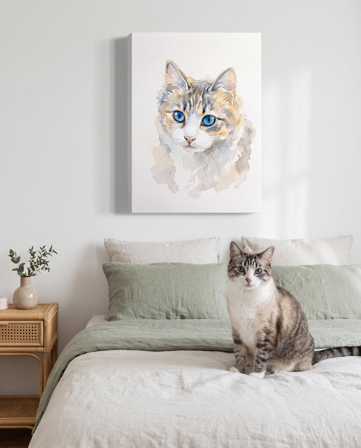 Portrait aquarelle d'un chat imprimé sur toile, au-dessus d'un lit
